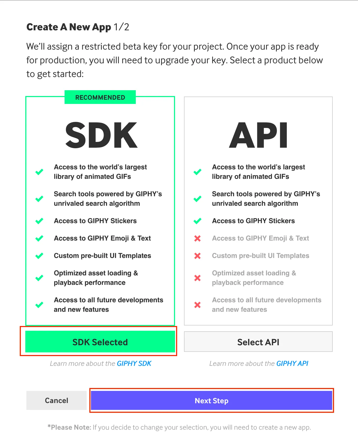 Chọn SDK và bấm Next Step