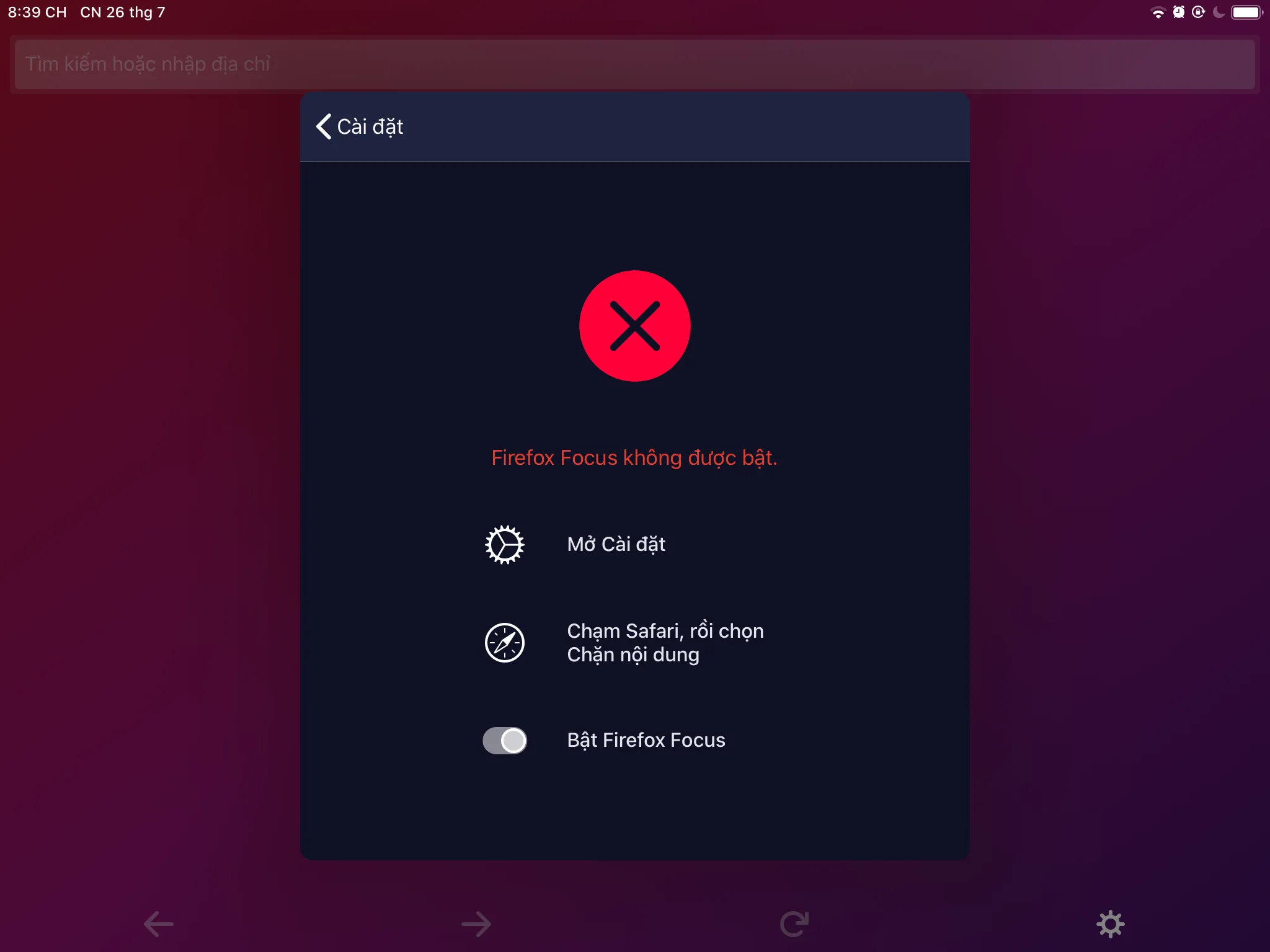 Firefox Focus chưa được bật trong Safari