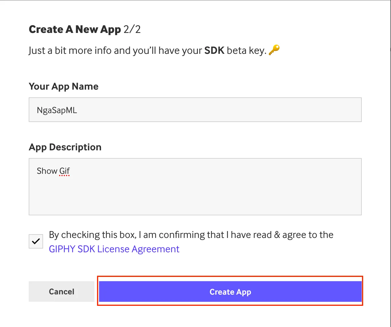 Điền đầy đủ thông tin và bấm Create App
